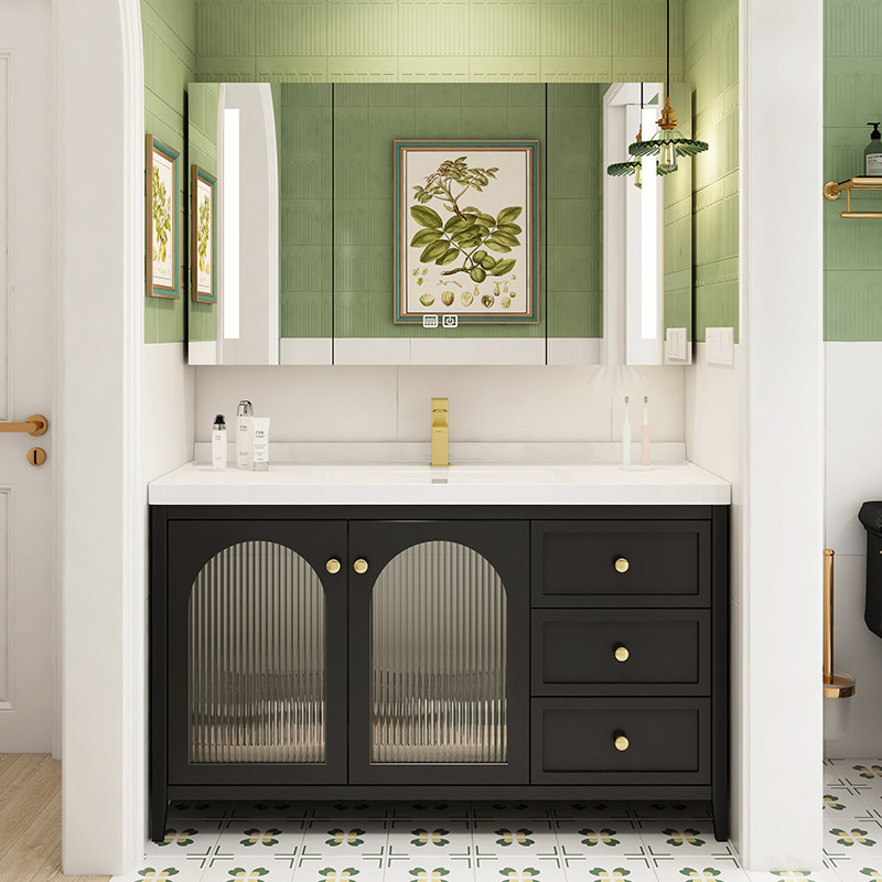 奶油风橡木烤漆浴室柜陶瓷一体盆洗脸盆柜组合洗漱台落地洗手盆柜