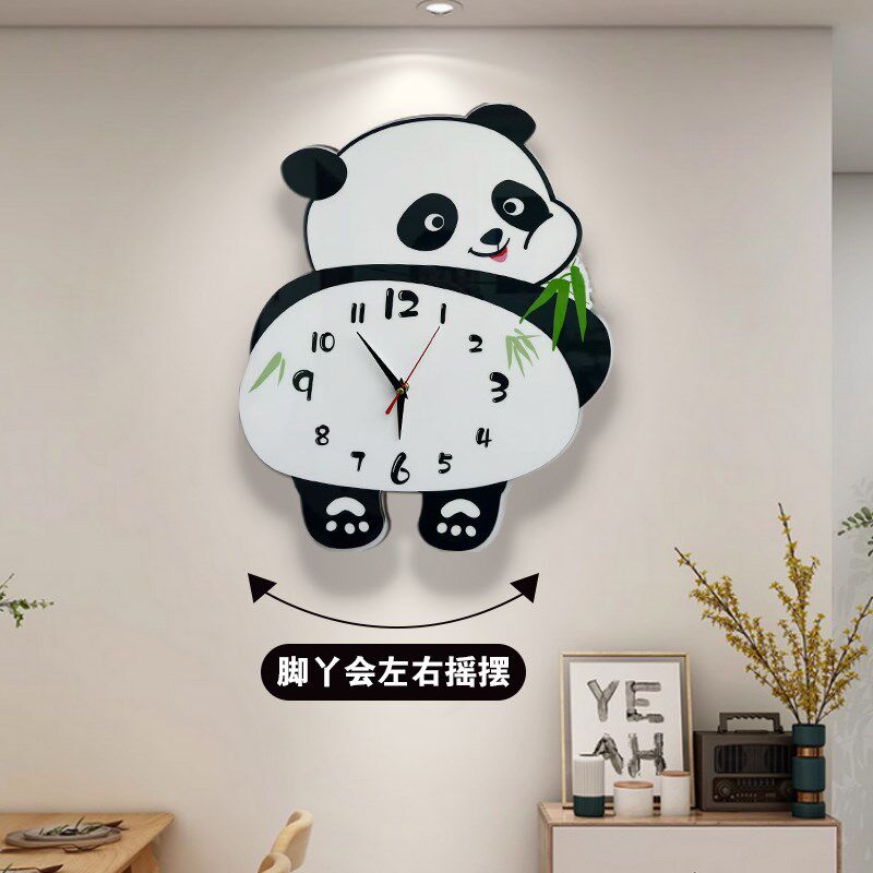 熊猫挂钟客厅创意钟表沙发背景墙挂表餐厅高级感家用静音装饰时钟