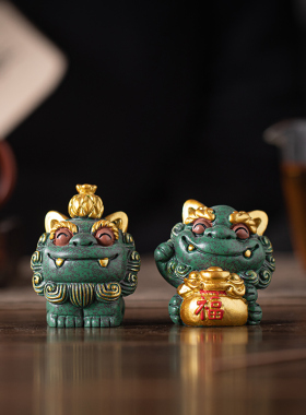 创意旺来福袋小狮子一对摆件高档礼品手绘元宝铜币风狮爷桌面装饰