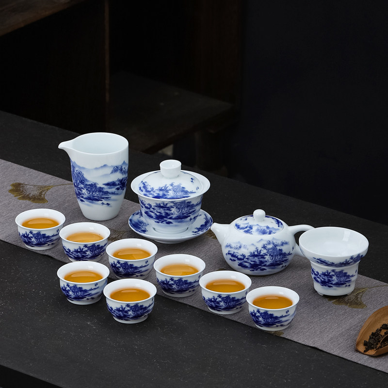 青花瓷山水茶具套装功夫茶杯家用客厅办公室会客泡茶壶陶瓷盖碗