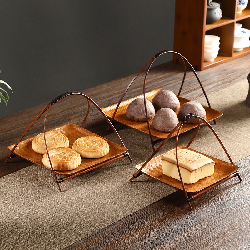 竹编手提点心盘手工编织果盘茶点盘展示架提篮酒店糕点篮零食果盘