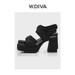W.Diva【黑色夏沫】黑色法式双卡布羊皮里粗跟高跟凉鞋50X062057