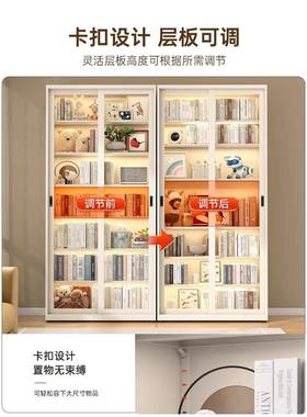 家用带锁推拉书门柜防尘书玻璃展示柜多层落GVW地置架落地收纳柜