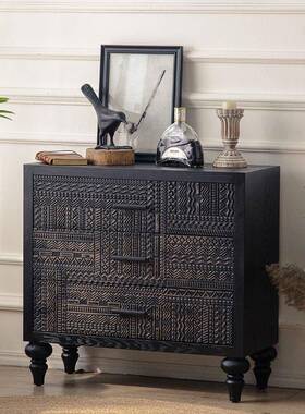 美式复古黑色雕花做客厅电视饰柜实木旧餐边玄关储SOT柜物收纳柜