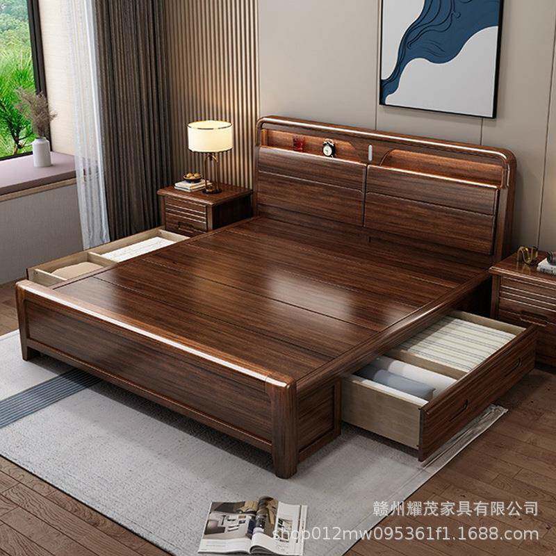 5实木床热1销榜米胡桃木榫卯结构180x20带0床垫感应QOR灯储物双人