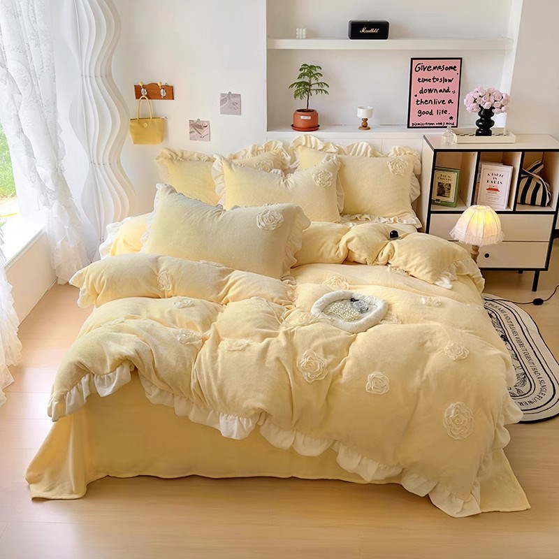 法兰绒韩版公主风床上四件冬季床单被花边加厚保暖床罩