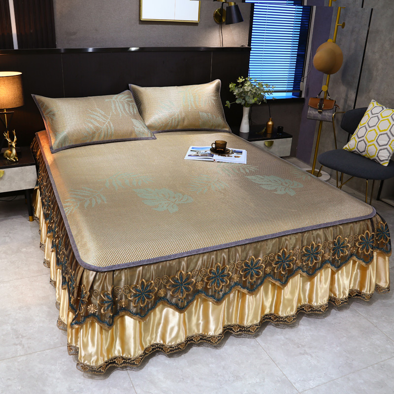 夏季凉席三件套欧式冰藤席床裙款可拆卸蕾丝边空调软席可折叠床罩