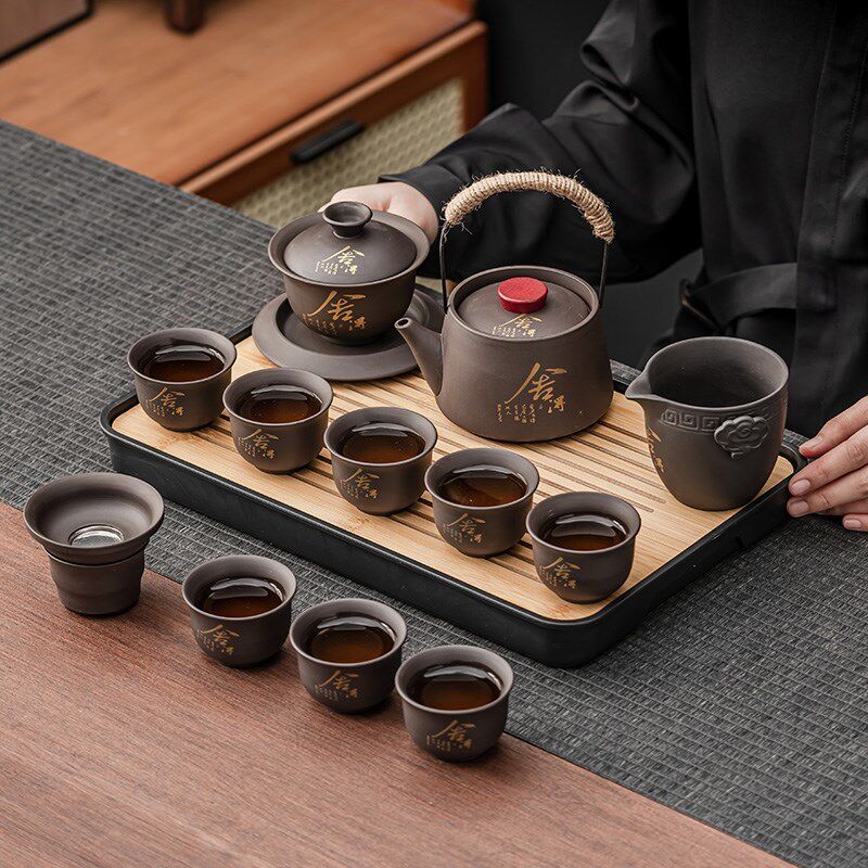 紫砂功夫茶具套装家用小套简约功夫陶瓷茶盘茶壶茶杯泡茶套装实木