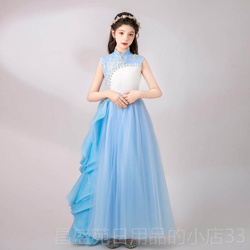 高档202新款儿童服礼服白色花童式旗袍女童弹古筝演出民乐演奏中5