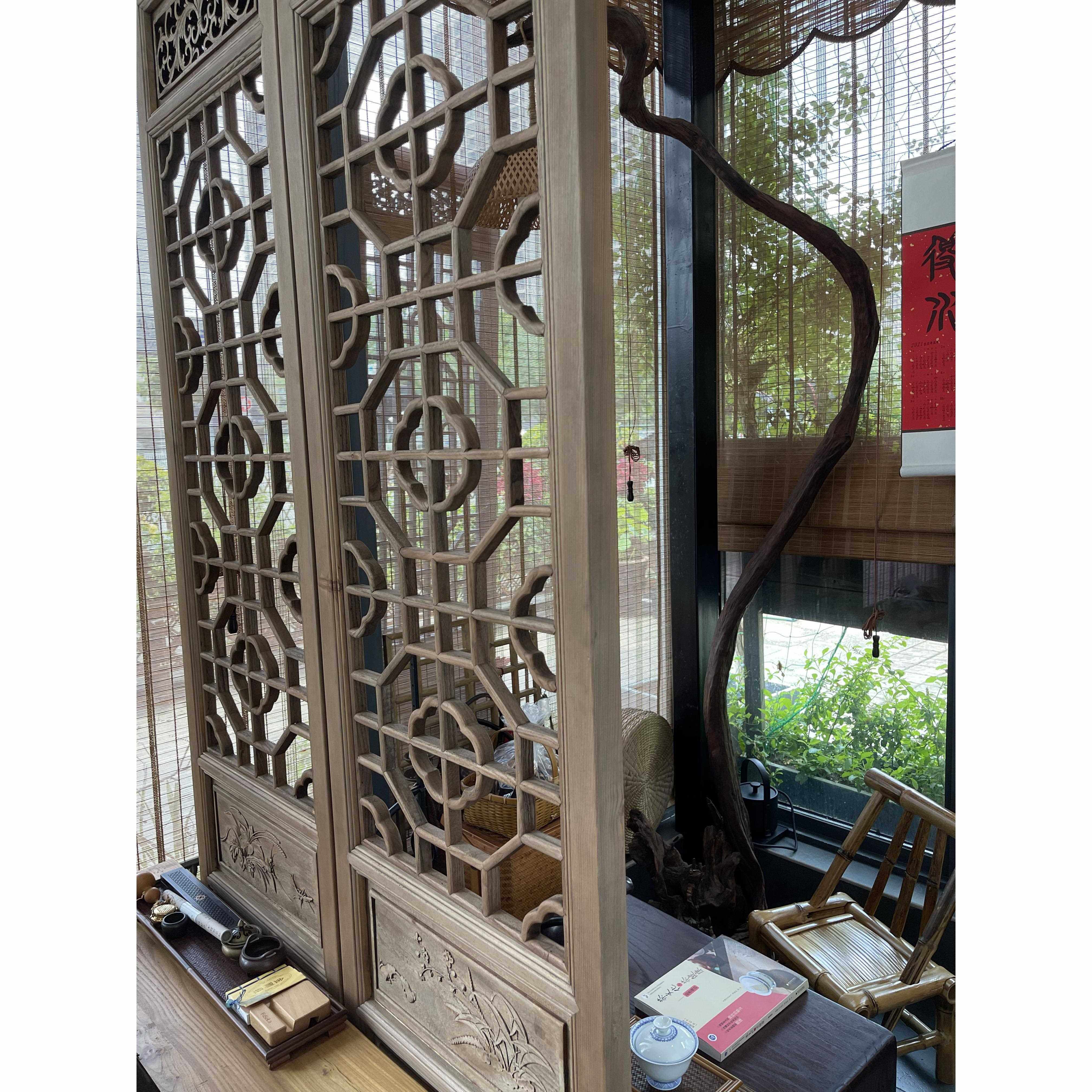 L7中式做旧屏风客厅实木隔断装饰可折叠移动仿古花格屏风办公室玄