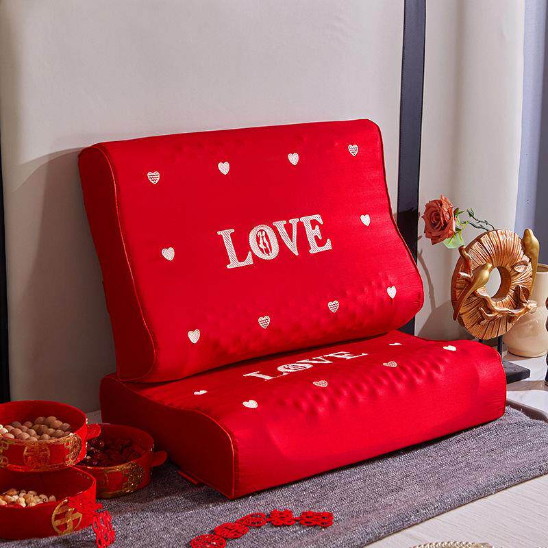 2025结婚婚庆大红乳胶枕芯结婚枕头一对装乳胶枕头套红色枕套