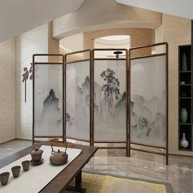 新中式山水屏风隔断客厅简约现代入户玄关卧室办公室遮挡折叠移动