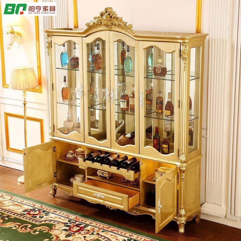 欧式酒柜实木雕花豪华客厅家具装饰柜香槟金色单门双门四门玻璃