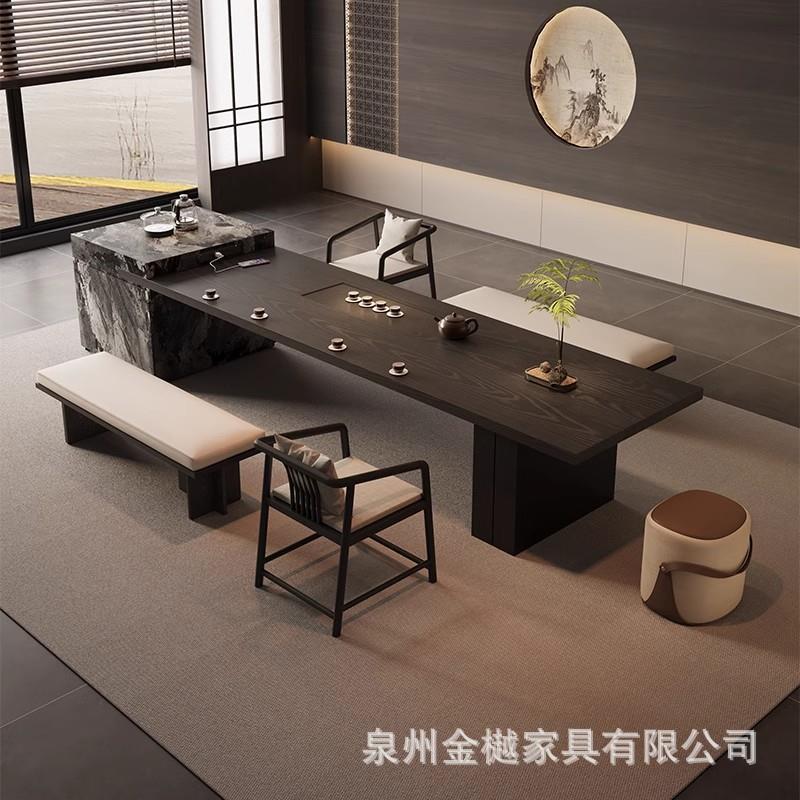 新中式实木岛台茶桌家用客厅喝茶桌子酒店办公室接待原木书桌组合