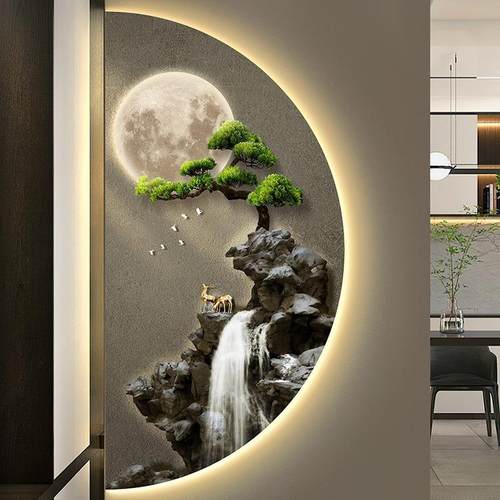 入户玄关装饰画新中式山水画半圆led灯画客厅茶室挂画壁灯LED灯画