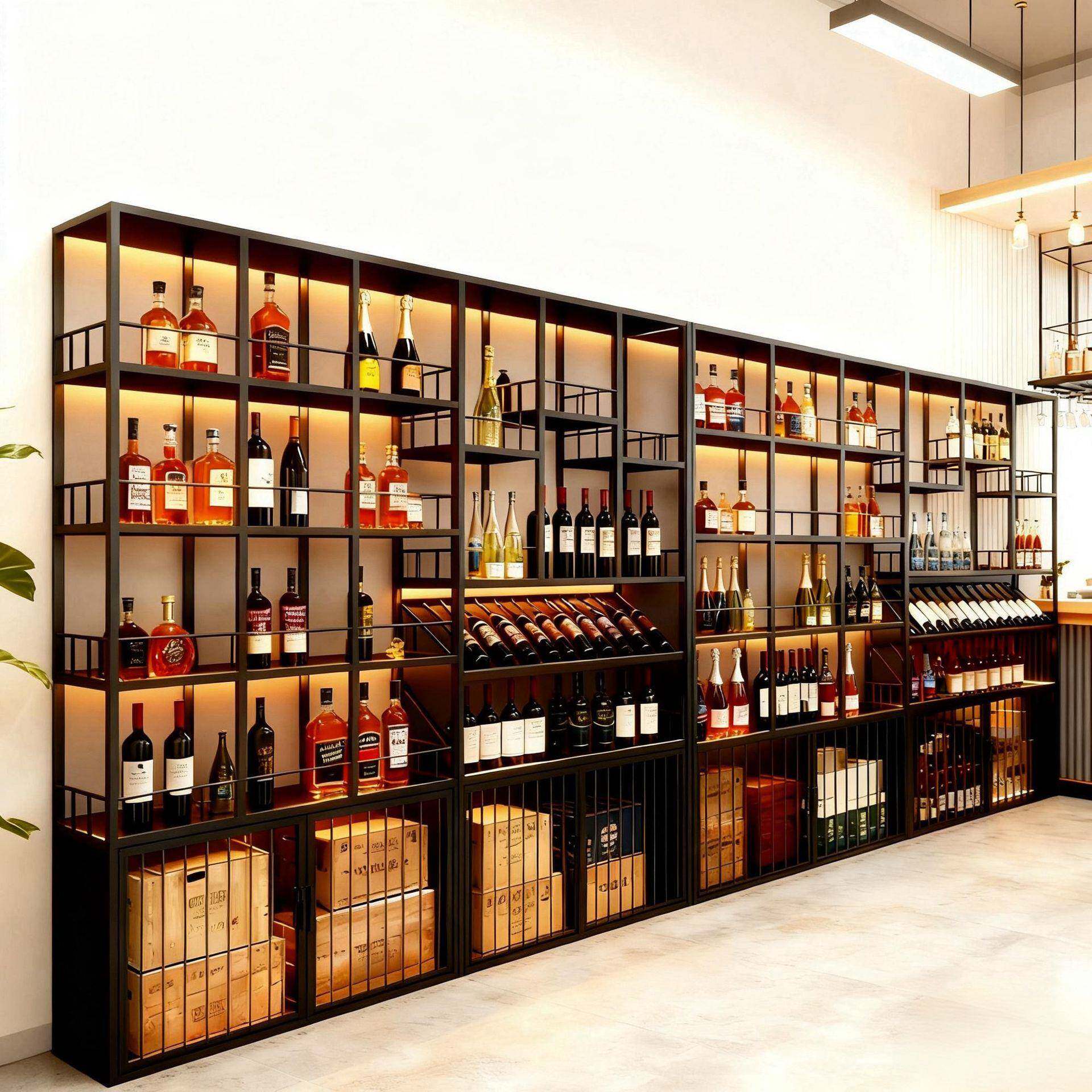 落地铁艺红酒酒架轻奢工业风铁艺红酒多层带灯光展示架酒吧酒柜