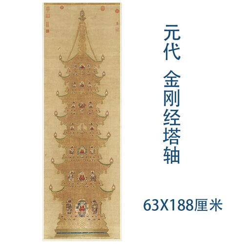 元代 金刚经塔挂画高清微喷复制小楷书法立轴装裱丝绸佛堂画临摹