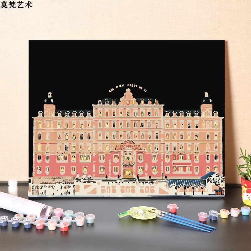 数字油画diy填充手工填色城市建筑布达佩斯大饭店涂色丙烯油彩画