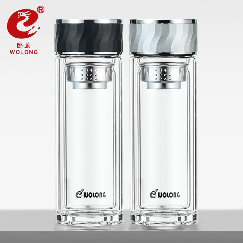 卧龙双层玻璃杯茶水分离便携男夏车载茶杯隔温杯子耐热透明水杯