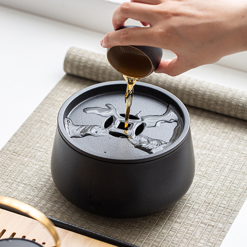 黑陶茶洗建水茶水缸茶桶功夫茶渣缸带盖大容量茶水盂壶承茶具配件