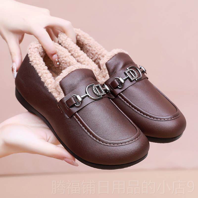 正品202新款棉鞋女冬加3绒保休暖豆豆鞋时尚闲鞋防妈妈滑鞋皮面棉