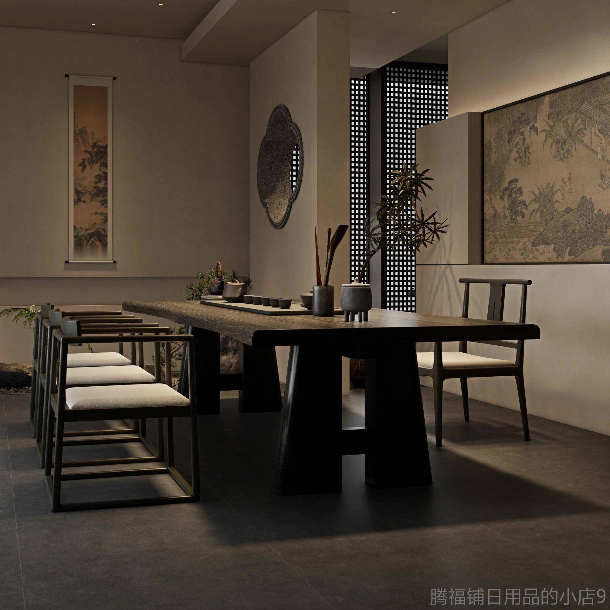 正品新中式桌端椅组合黑胡桃茶室木实木茶桌高禅意茶馆办公茶室泡