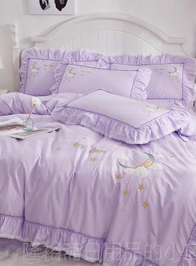 高档床s上四件套纯棉全棉少女心公荷主风刺绣套叶边被in灰色床上