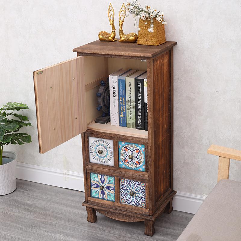 欧式彩绘柜黑胡桃色网红床免头柜小型多功能安装单开门352斗储物