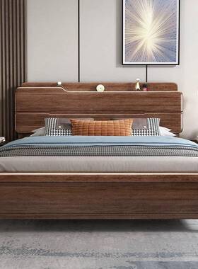 胡桃木实木床现代简约新中式主NEA卧米大1.8高床箱储物2米x22双人