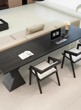 家桌用客IPV厅意全极简式书桌双人学习横厅沙发后长条桌黑色实木