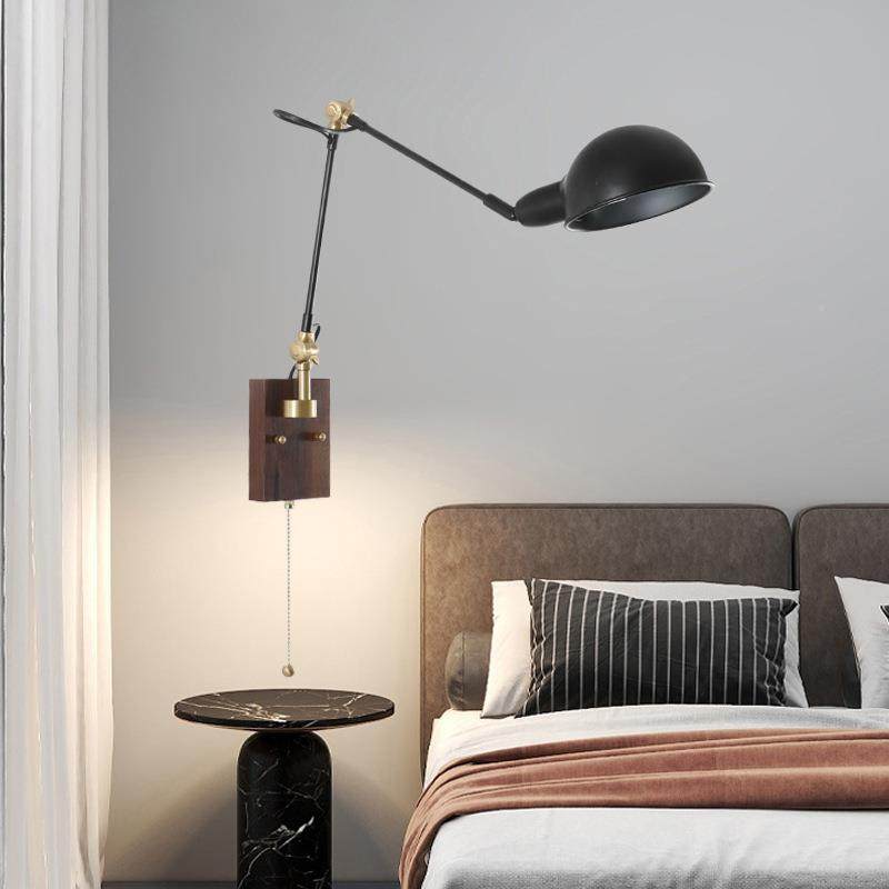 日式胡桃木头壁灯铁艺卧室床客阅厅复读古法942式全铜轻奢旋转墙