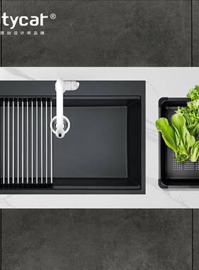 欧缇卡家用洗菜池黑英色厨房台石上盆K332202K大双水槽石水槽槽大