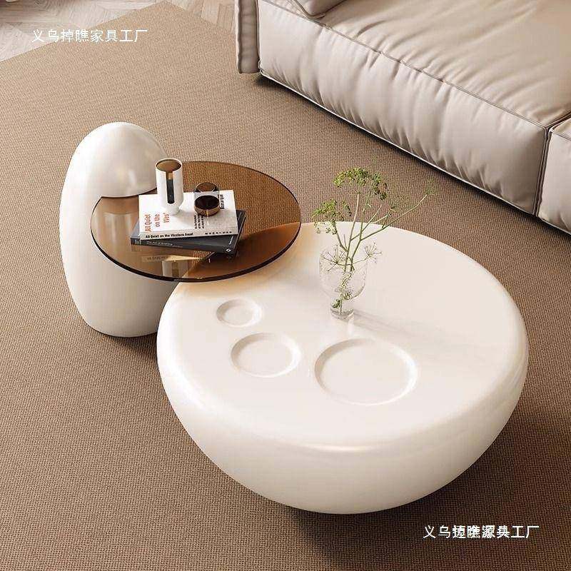 猫爪QWA创意茶客家用圆形家现代钢几化玻璃边几网红米白奶厅油风