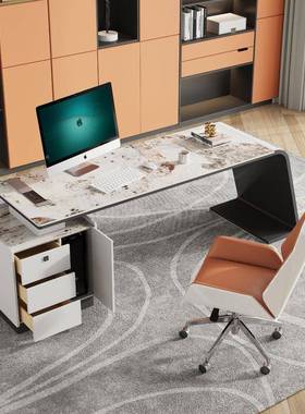 意式轻桌椅橙色高端XXY办岩板书桌家用字写台现代极简总裁老奢板