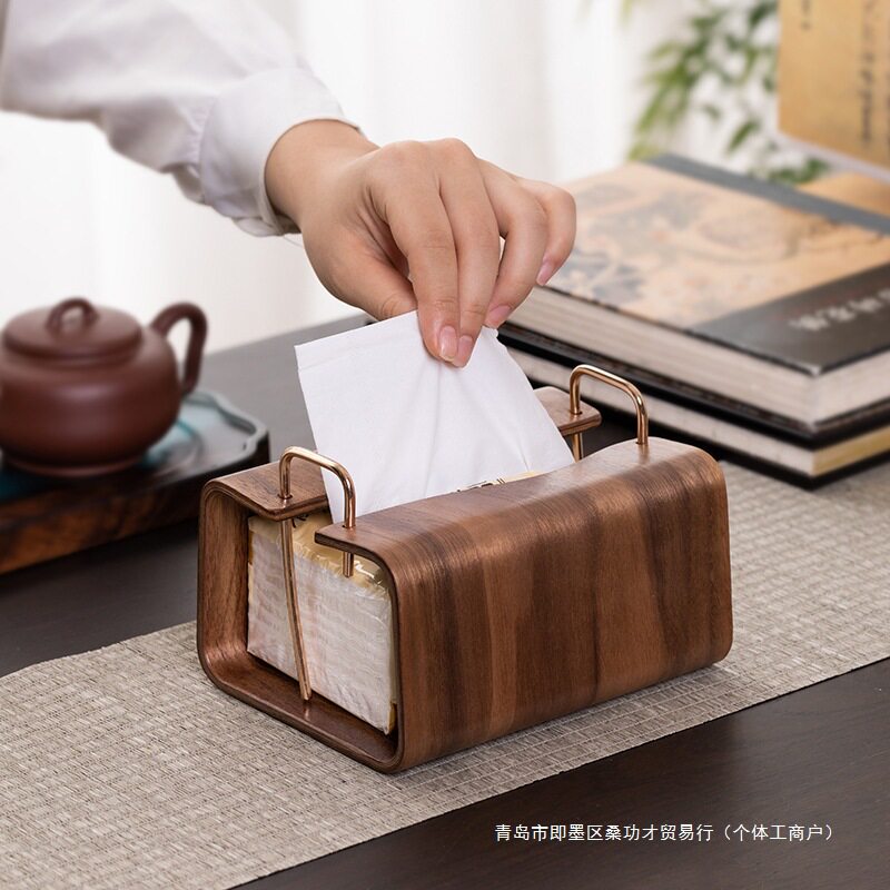 胡桃木高颜值的纸巾盒中古风的纸巾架子轻奢风客厅茶几抽纸盒绢花
