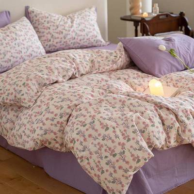 纱A类小碎花全棉四清件套ydjla55床双层田园新复古风纯棉三件套单