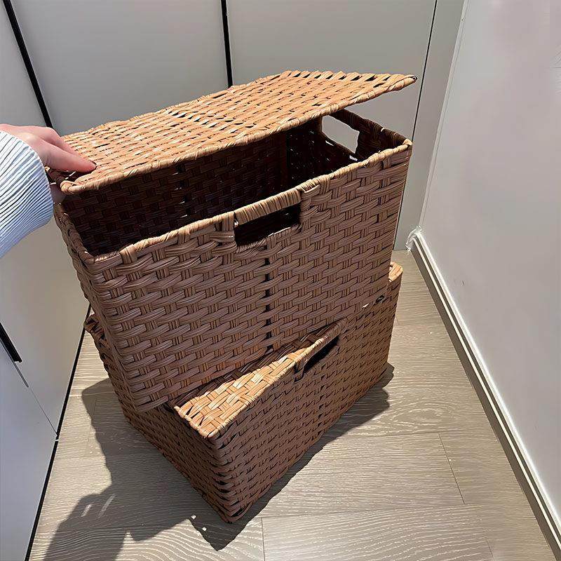 藤编编织收纳箱带盖子脏衣篮筐家用大容量整理筐零食玩具杂物储物