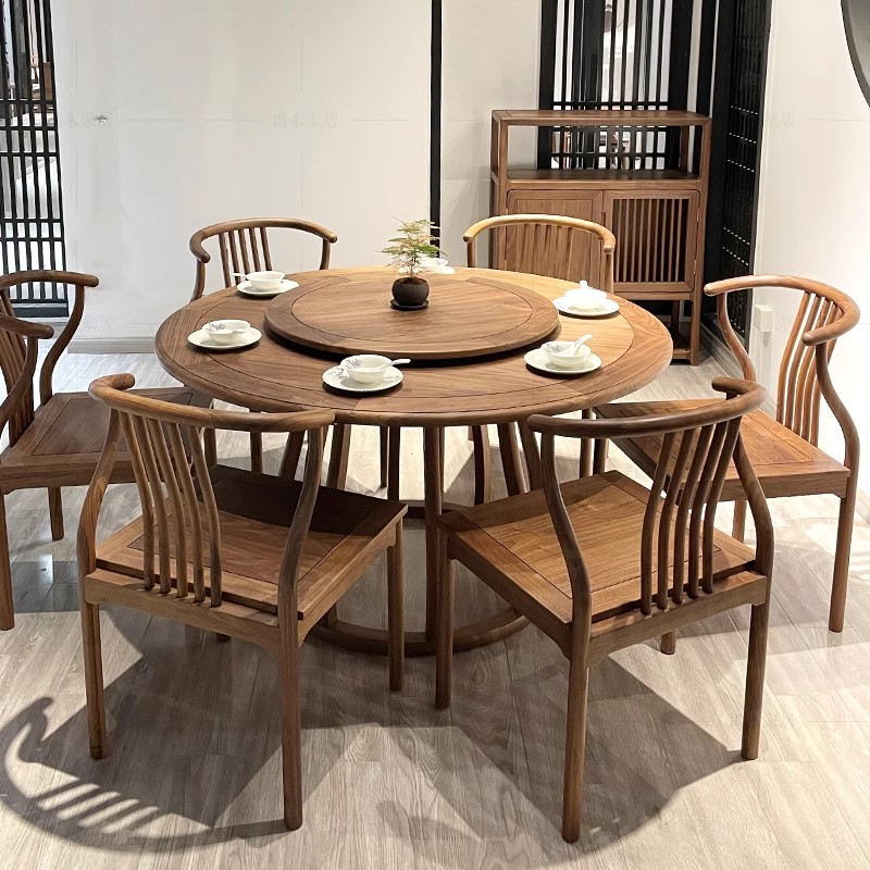 7T新中式圆形餐桌禅意全实木黑胡桃木吃饭桌家用现代原木餐桌椅组