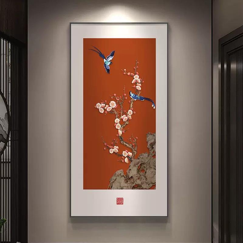 155喜气盈门走玄关装饰新中式入户寓意好花鸟挂道画廊过画正对门