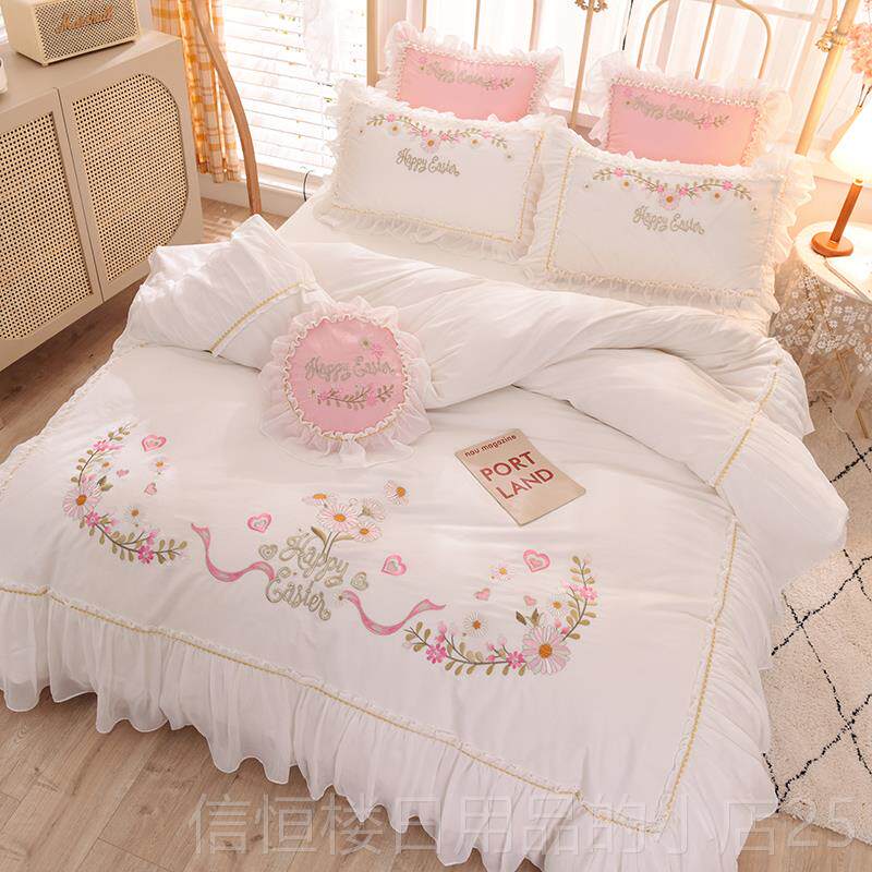 高档白色网红床款床上四裙件套全棉棉公主仙风蕾丝纯床单被套女高