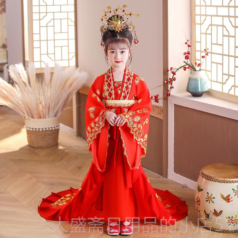 高档儿童女贵妃拖尾装汉服唐装演出服古公汉唐童皇后装宫廷风主裙图片