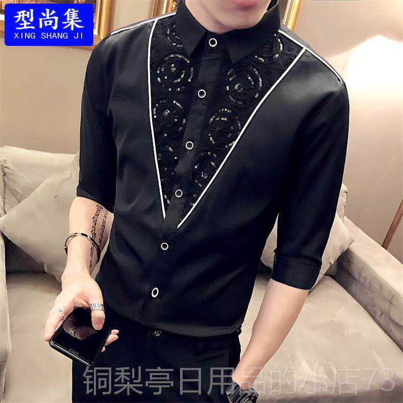 正品男士个性蕾七分中袖衬衫发夏天型师丝版夜场少爷工作服韩帅气