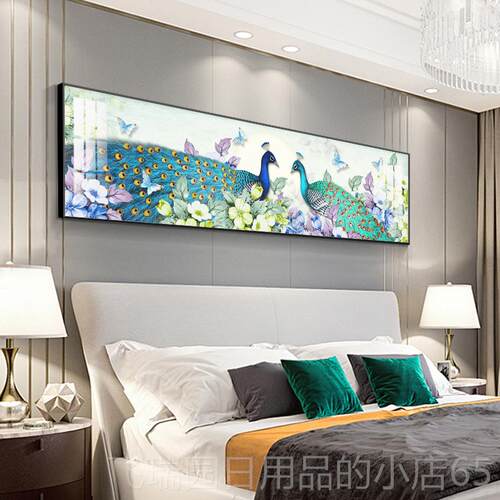 正品孔雀卧室墙床头装饰画现代简约主卧画挂客厅背景壁画晶瓷镶钻