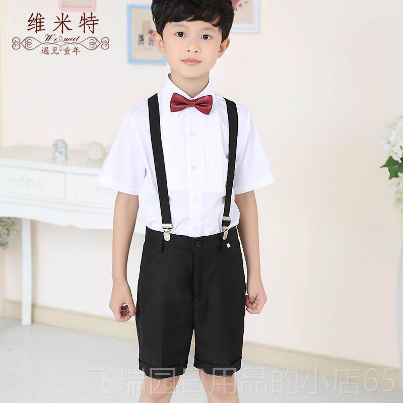 正品男童衫袖白衬纯黑色西短装短裤套装夏季儿童衬衣礼服表装演出