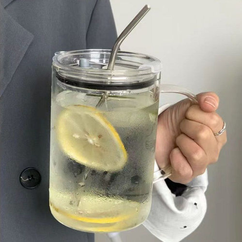 玻璃杯大容量加厚1L把手玻璃吸管