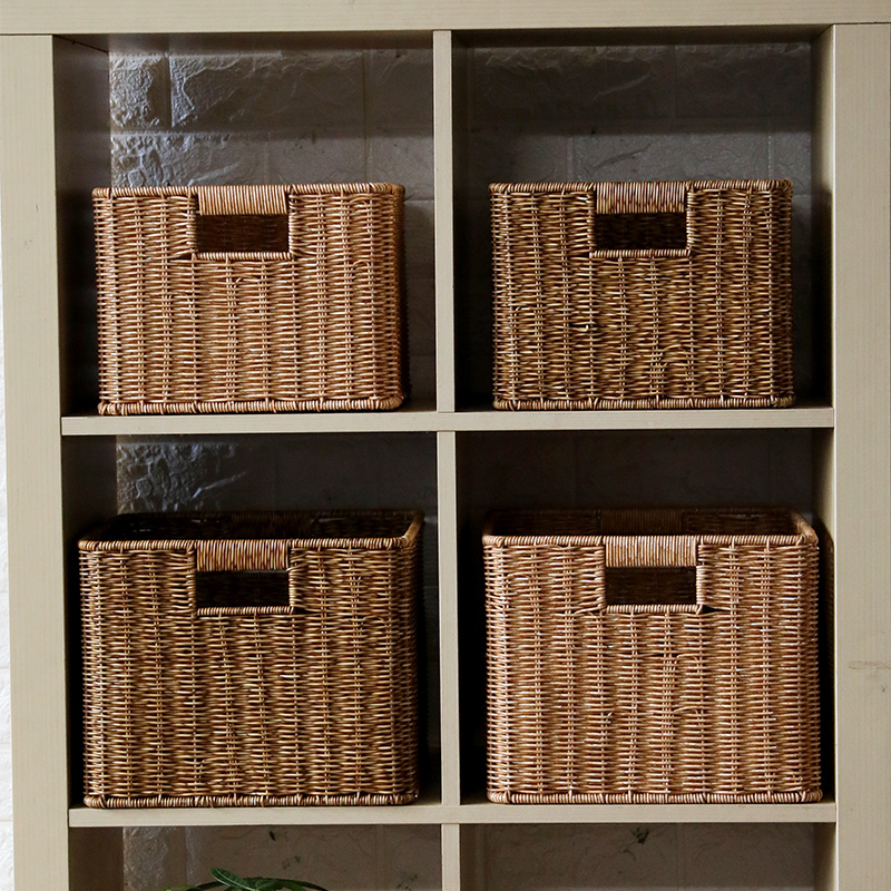 仿藤编收纳筐方形书架柜子格子抽屉式置物收纳篮茶几储物篮整理箱