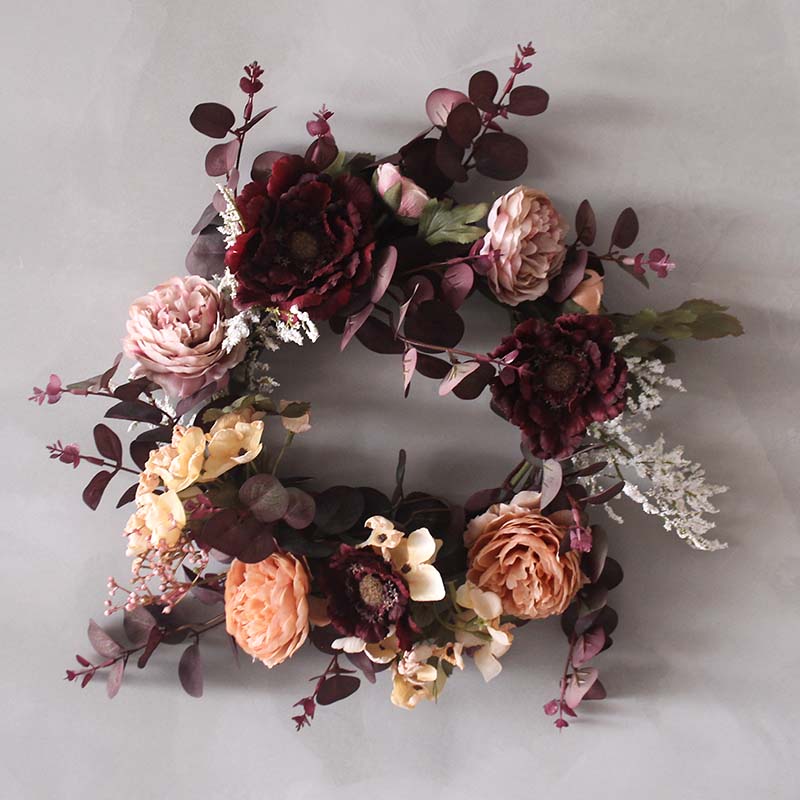 仿真花欧式复古酒红色玫瑰花环绢花卧室客厅墙挂壁挂挂饰门装饰花