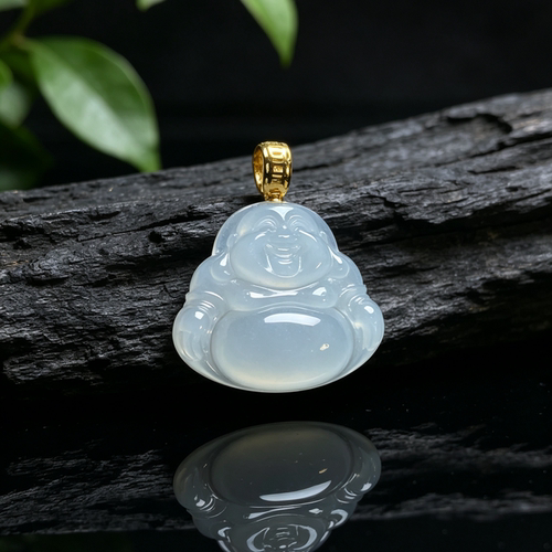 翡翠A货冰种18K金镶佛公吊坠