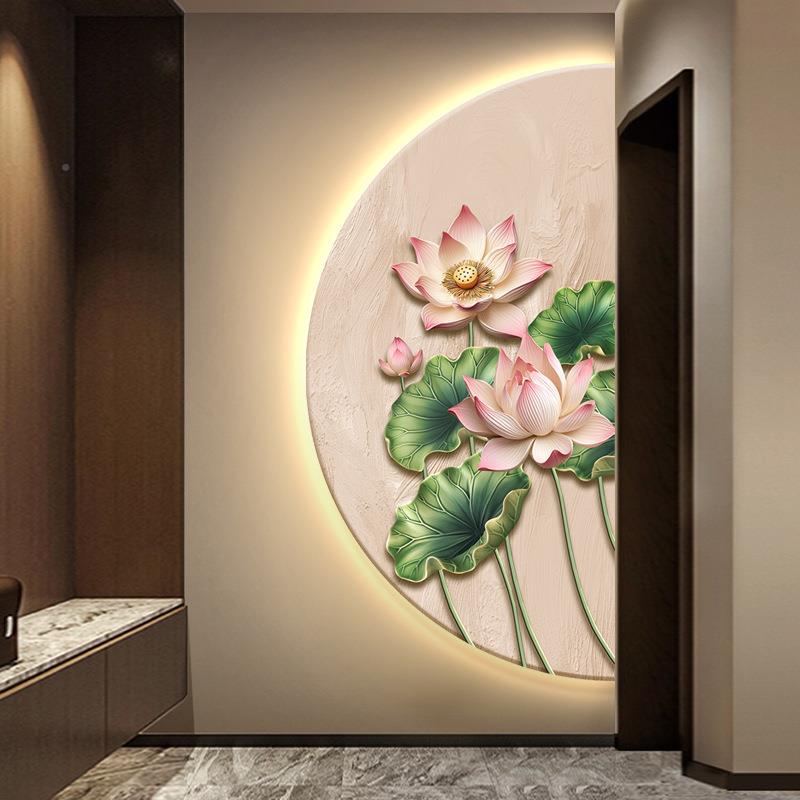 轻半圆荷花九鱼图过玄关发光装饰画灯奢DAC道走廊LED灯光挂画氛围