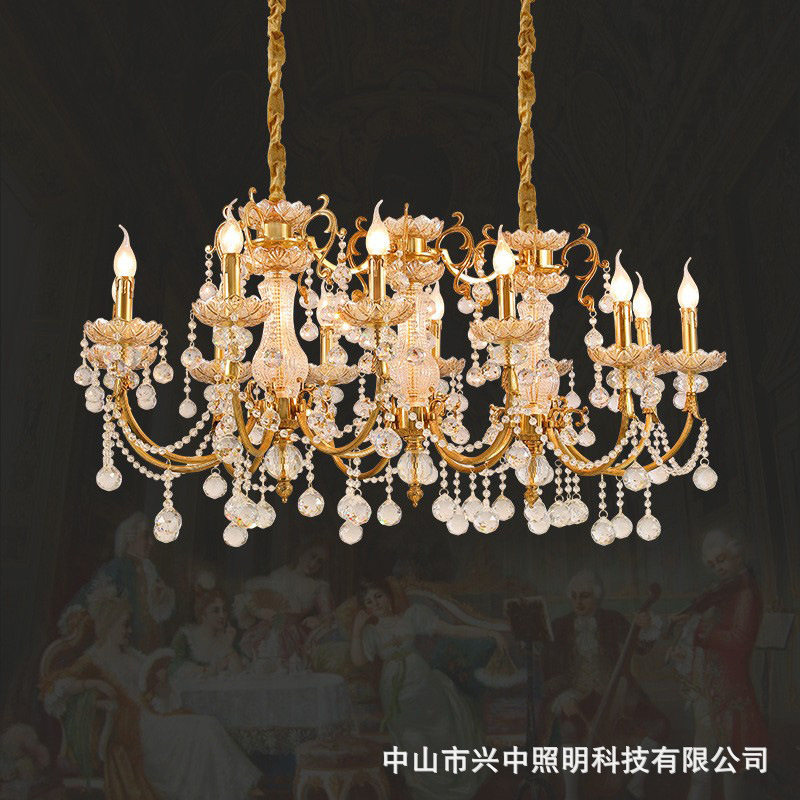 法式餐厅吊灯欧式奢华大气长形水晶灯复式楼别墅全铜创意宫廷灯具